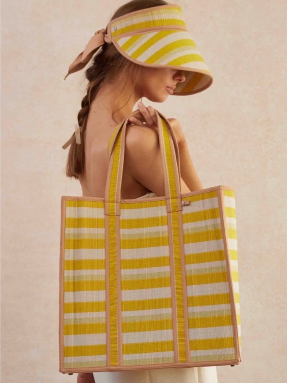 Striped Yellow & Cream Sun Visor with Tie-Back — Women's Summer Visor
